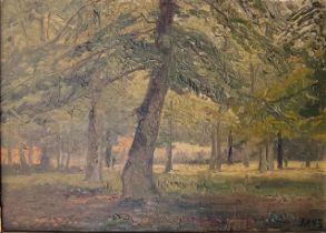 A LATE 19TH CENTURY CONTINENTAL IMPRESSIONIST OIL ON BOARD, WOODED FOREST LANDSCAPE Signed lower