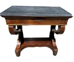 A 19TH CENTURY FRENCH ROSEWOOD AND INLAID CONSOLE TABLE The black slate top above a single drawer