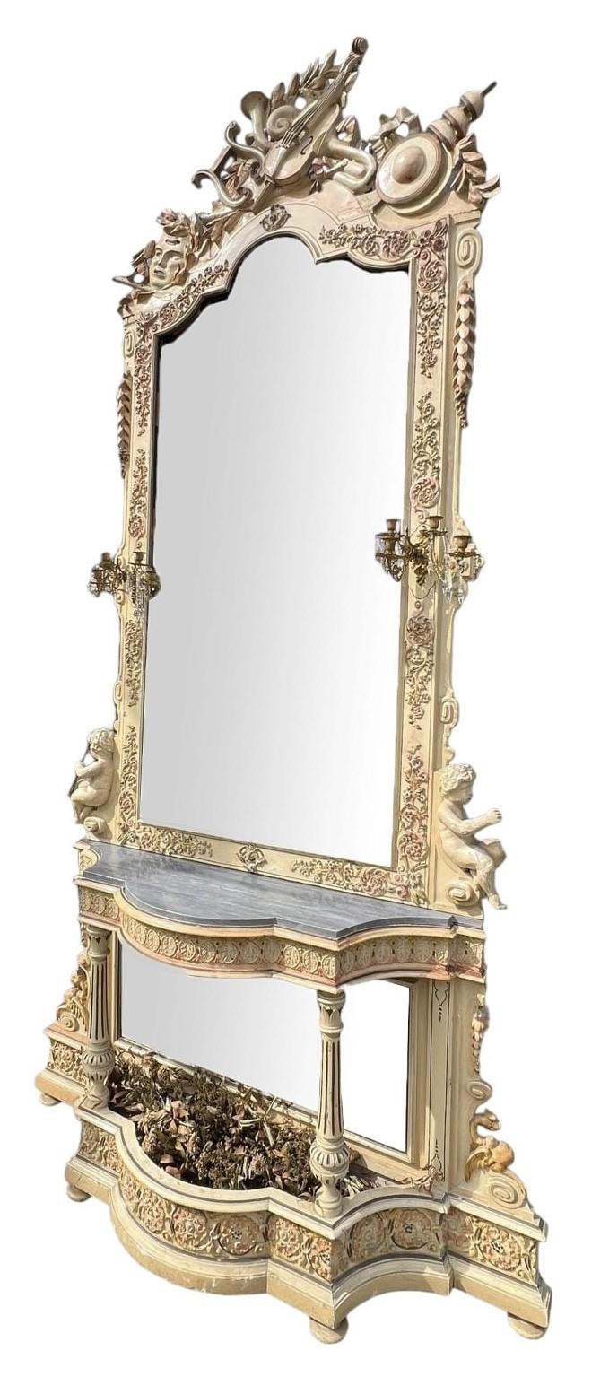 A LARGE AND IMPRESSIVE PAIR OF 19TH CENTURY PAINTED CARVED WOOD AND GESSO CONSOLE TABLES AND MIRRORS - Image 2 of 7