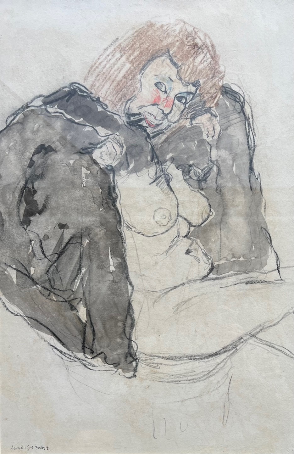 JOHN BRATBY, R.A., BRITISH, 1928-1992, WATERCOLOUR AND CHALK, NUDE PORTRAIT OF THE ARTISTS WIFE