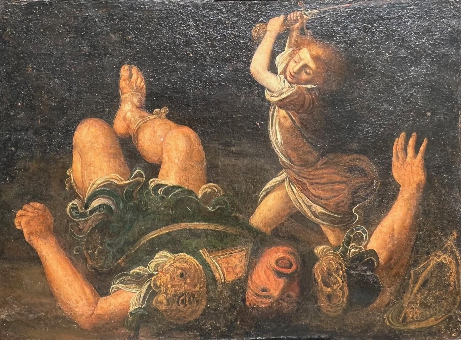 A LARGE 17TH CENTURY ITALIAN OIL ON CANVAS, DAVID SLAYING GOLIATH, UNFRAMED. (111cm x 153cm)