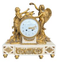 A DECORATIVE 19TH CENTURY FRENCH GILDED BRONZE AND MARBLE CLOCK Decorated with the figures of