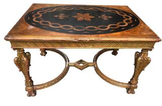 A 19TH CENTURY FRENCH RÉGENCE DESIGN CARVED GILTWOOD CENTRE TABLE TOP Inserted oval panel and inlaid