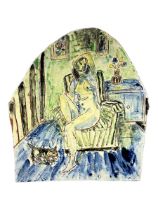 A 20TH CENTURY IMPRESSIONIST GLAZED POTTERY PLAQUE, DEPICTING NUDE LADY RECLINED IN CHAIR AND