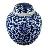 A CHINESE KANGXI BLUE AND WHITE LOTUS GINGER JARDecorated with underglaze blue with large lotus