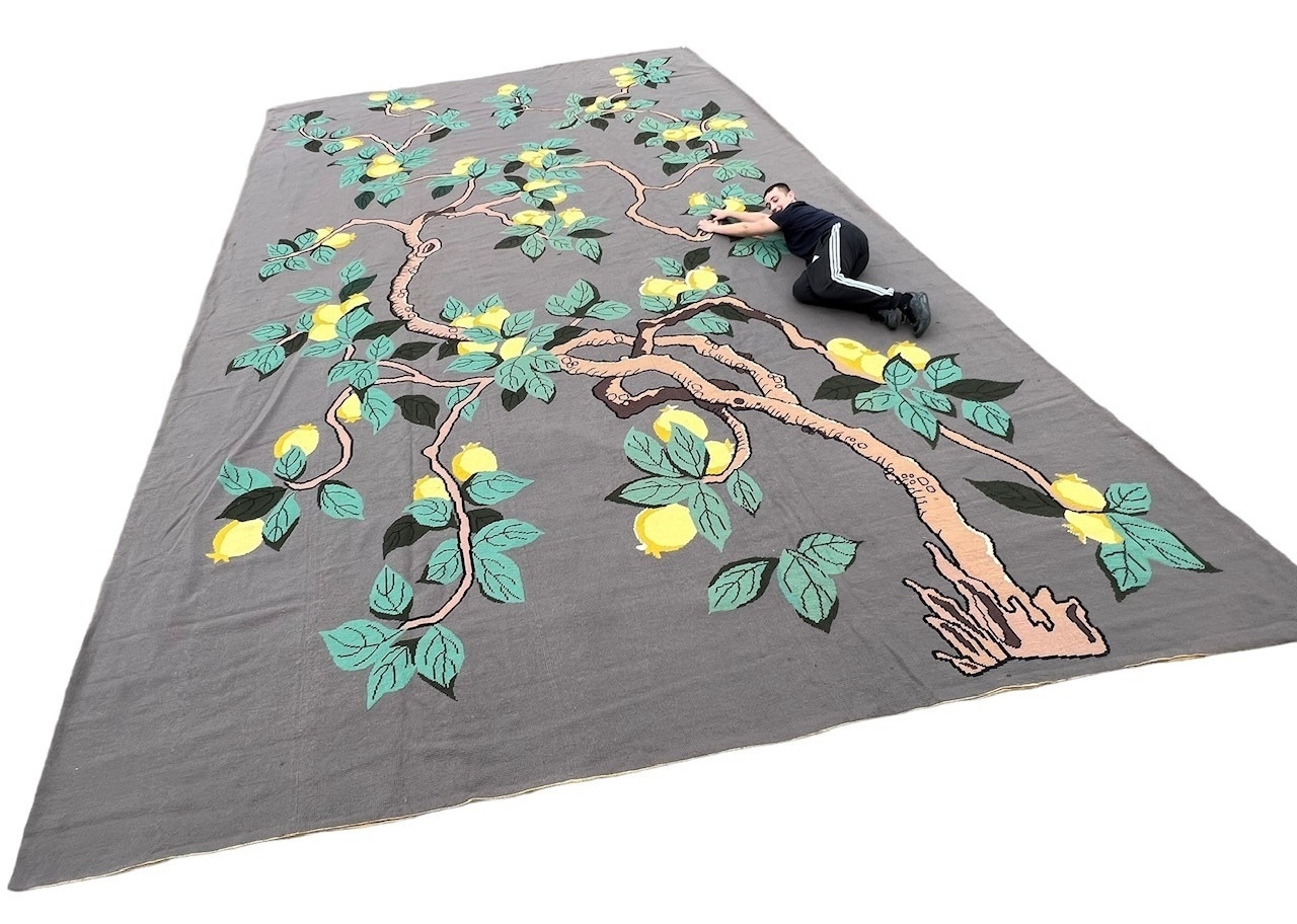 A MASSIVE NEEDLEWORK LEMON TREE (1950-60) ALL WOOL CANVAS CARPET/RUG. (790 x 470cm) Along with