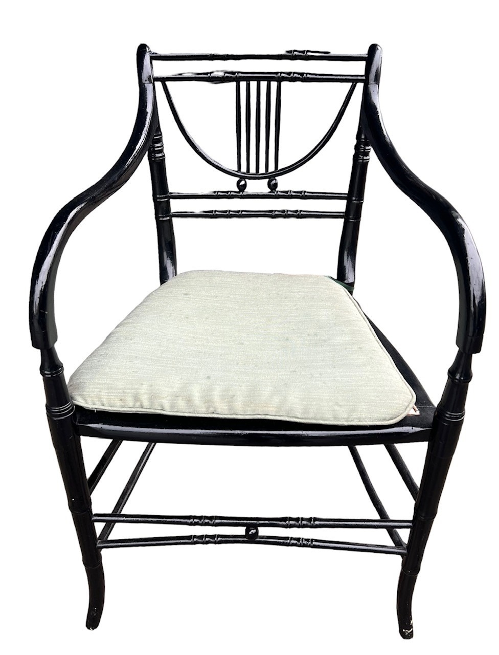 A 19TH CENTURY REGENCY FAUX BAMBOO PAINTED ARMCHAIR With cane seat and loose cushion. - Image 4 of 6