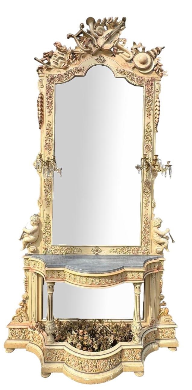 A LARGE AND IMPRESSIVE PAIR OF 19TH CENTURY PAINTED CARVED WOOD AND GESSO CONSOLE TABLES AND MIRRORS - Image 3 of 7