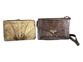 A VINTAGE CROCODILE SKIN LADIES HANDBAG, TOGETHER WITH A VINTAGE SNAKESKIN BAG. (20cm x 29.5cm)