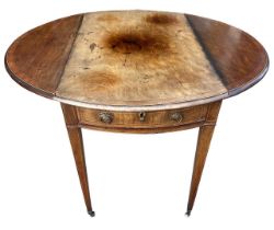 A GEORGE III MAHOGANY AND INLAID OVAL PEMBROKE TABLE With single drawer, raised on square tapering