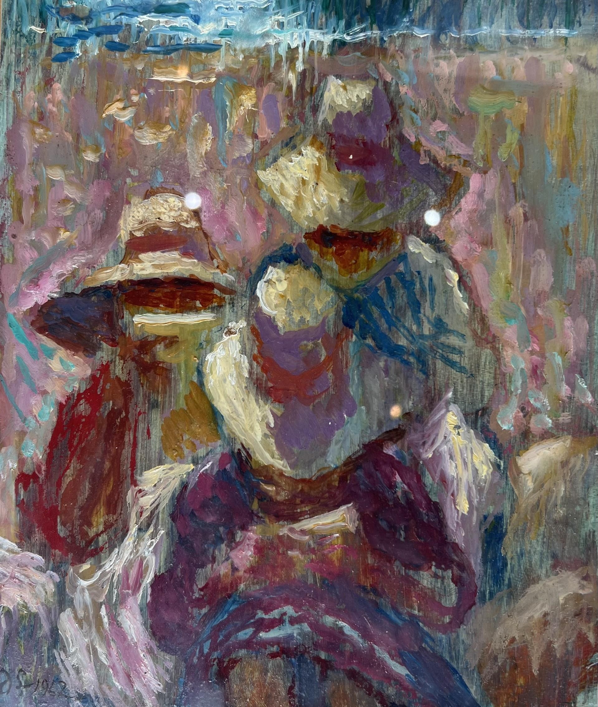 TWO 20TH CENTURY OIL ON BOARD, IMPRESSIONIST THREE FIGURES IN A SUMMER LANDSCAPE Signed D.F., - Bild 3 aus 3