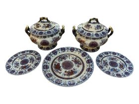 SPODE, LARGE PAIR OF EARLY 19TH CENTURY IMARI STYLE LIDDED TUREENS, SERVING PLATE AND PAIR OF