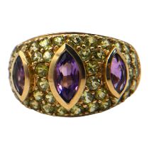 A 9CT GOLD, AMETHYST AND PERIDOT RING Having three marquise cut amethysts (largest approx. 8mm x