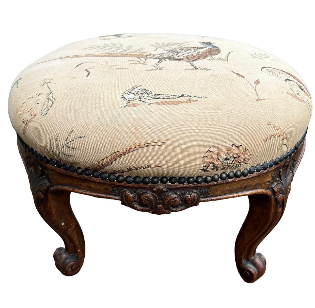 GILLOWS, A 19TH CENTURY CARVED WALNUT CIRCULAR FOOTSTOOL The upholstered top, raised on four - Image 4 of 8