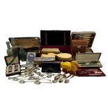 A COLLECTION VICTORIAN AND LATER SUNDRY ITEMS, TO INCLUDE GROOMING SETS, SILVER PLATED SPOONS, GLASS