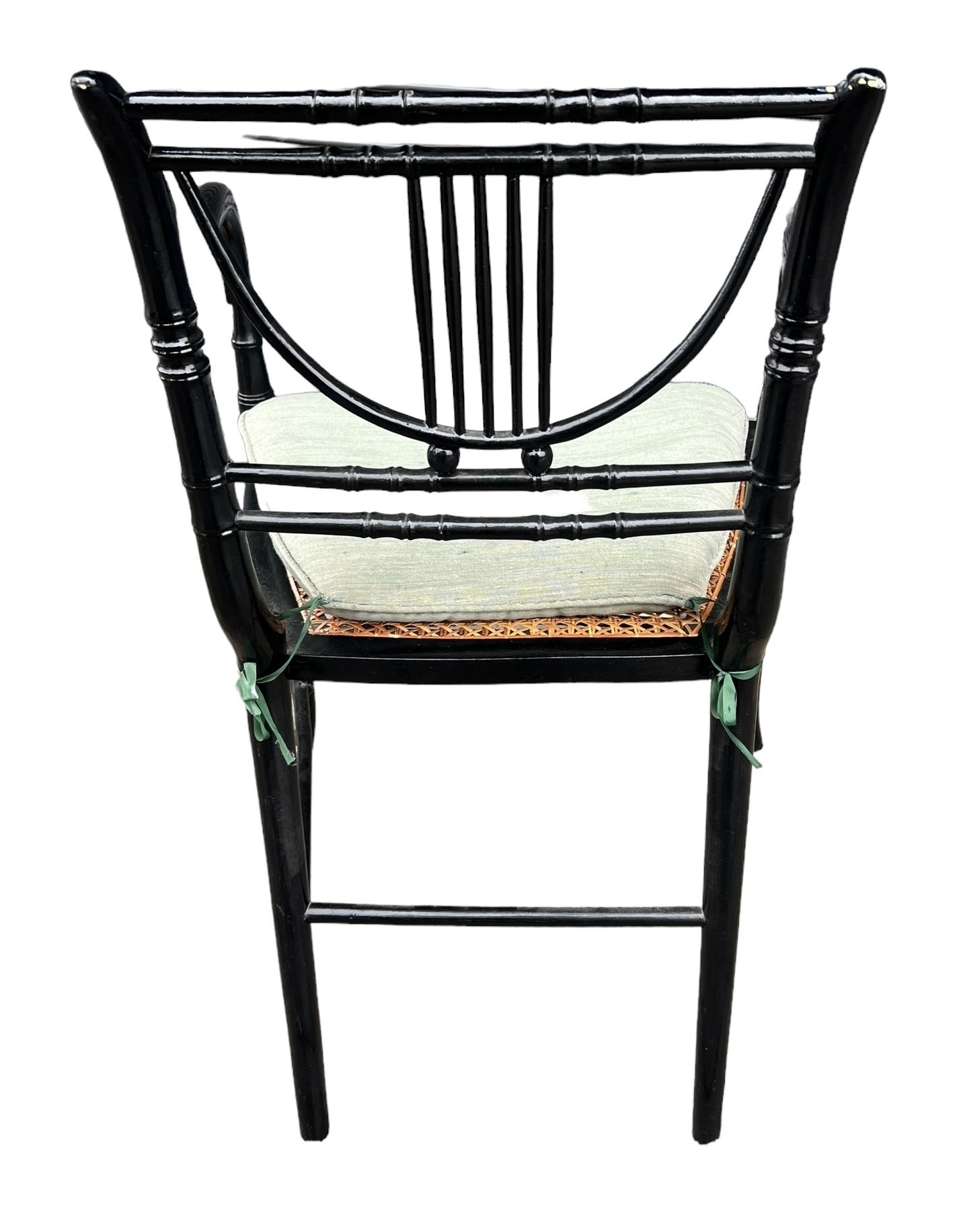 A 19TH CENTURY REGENCY FAUX BAMBOO PAINTED ARMCHAIR With cane seat and loose cushion. - Image 2 of 6