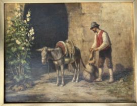 NIELS FREDERIK SCHIØTTZ-JENSEN, DANISH, 1855 - 1941, OIL ON CANVAS Present man and donkey before