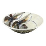 MANNER OF ANDREW HAGUE, 20TH CENTURY STUDIO POTTERY BOWL Outer fish scale decoration. Impressed