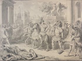 A 17TH CENTURY PEN, INK AND WASH DRAWING STUDY The Battle of Metaurus with Roman soldiers on