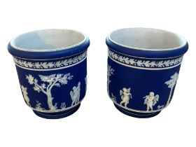 A PAIR OF VICTORIAN JASPERWARE JARDINIÈRES IN THE STYLE OF WILLIAM ADAMS & SONS. (h 17.8cm x d 17.