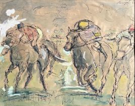 J. KERVYN DE MEERENDRE, A 20TH CENTURY PEN, INK AND WASH MIXED MEDIA ON PAPER Horse racing sketch,