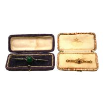 AN EDWARDIAN 15CT GOLD, AMETHYST AND SEED PEARL BAR BROOCH Together with an art deco white metal,