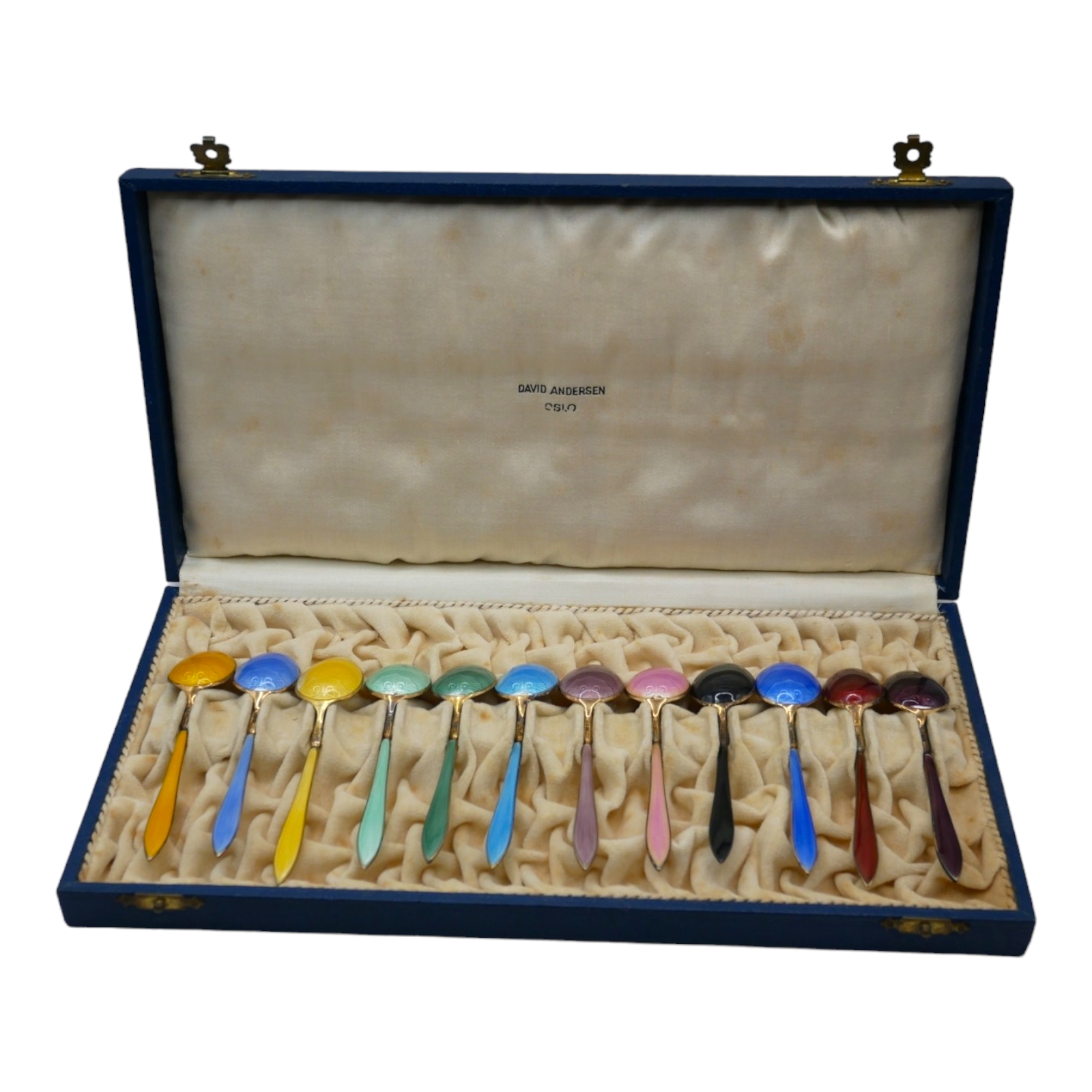 DAVID ANDERSON, OSLO, A 20TH CENTURY CASED SET OF TWELVE DANISH STERLING SILVER GILT AND ENAMEL