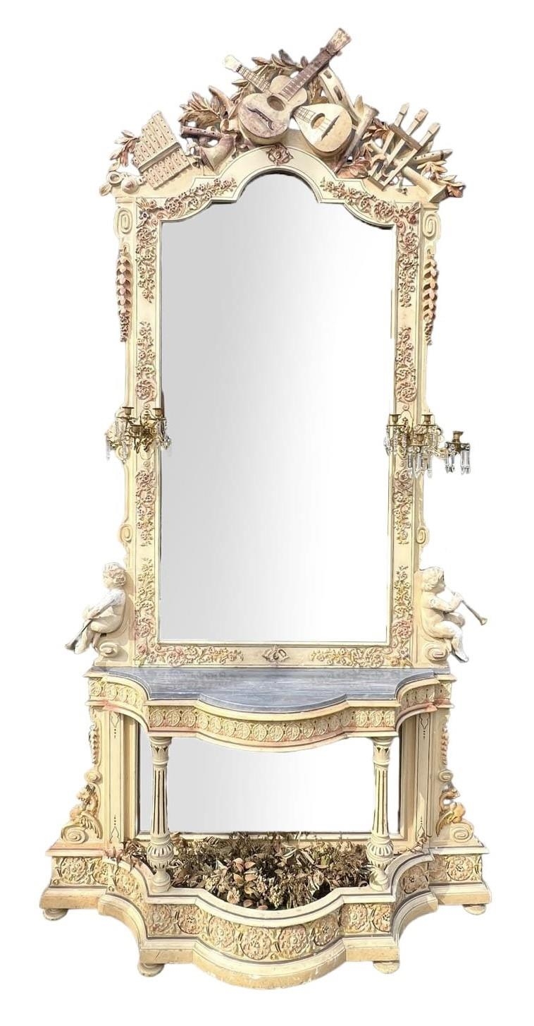 A LARGE AND IMPRESSIVE PAIR OF 19TH CENTURY PAINTED CARVED WOOD AND GESSO CONSOLE TABLES AND MIRRORS - Image 5 of 7