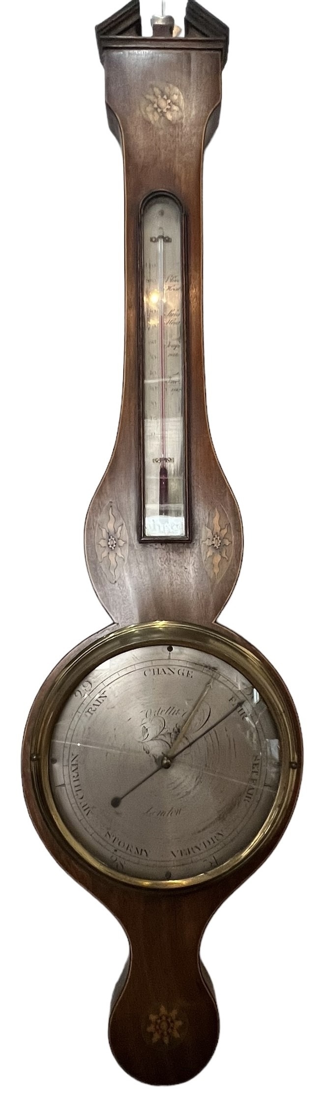 ORTELLI & CO., A GEORGE III INLAID MAHOGANY BANJO BAROMETER The dial signed Ortelli & Co., London,