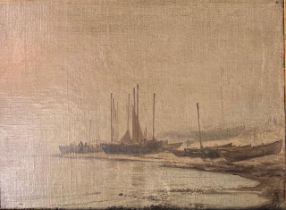 A 19TH CENTURY CONTINENTAL OIL ON CANVAS, COASTAL LANDSCAPE, FISHING BOATS AND FIGURES