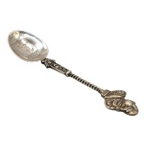 A 19TH CENTURY DUTCH SILVER SPOON, HAVING UNUSUAL GEORGE III BUST FINAL. Marked with pseudo marks to