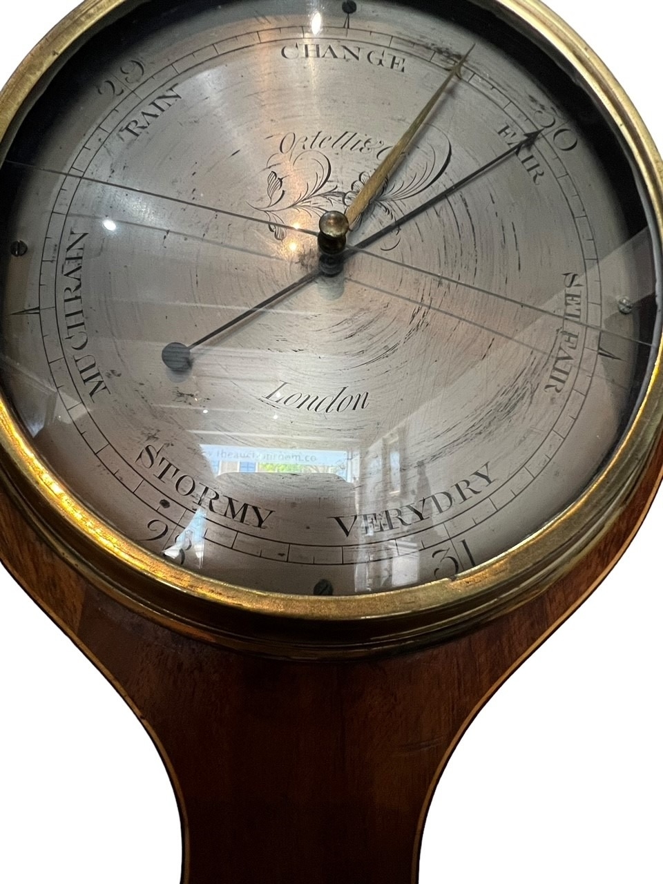 ORTELLI & CO., A GEORGE III INLAID MAHOGANY BANJO BAROMETER The dial signed Ortelli & Co., London, - Image 4 of 4