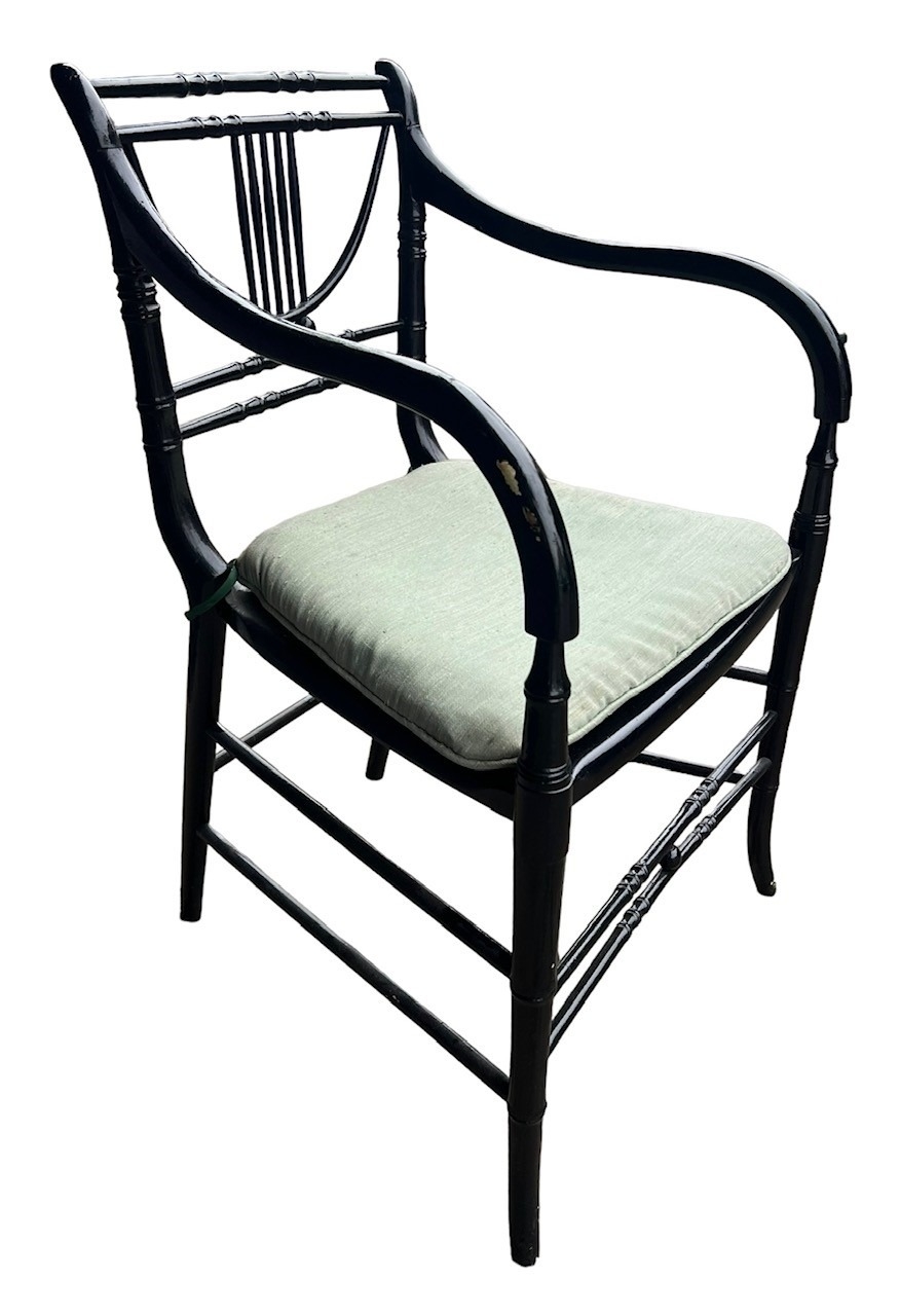 A 19TH CENTURY REGENCY FAUX BAMBOO PAINTED ARMCHAIR With cane seat and loose cushion. - Image 5 of 6