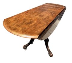 A 19TH CENTURY VICTORIAN FIGURED WALNUT DROP LEAF TABLE Raised cabriole legs. (h 70cm x d 47cm x w