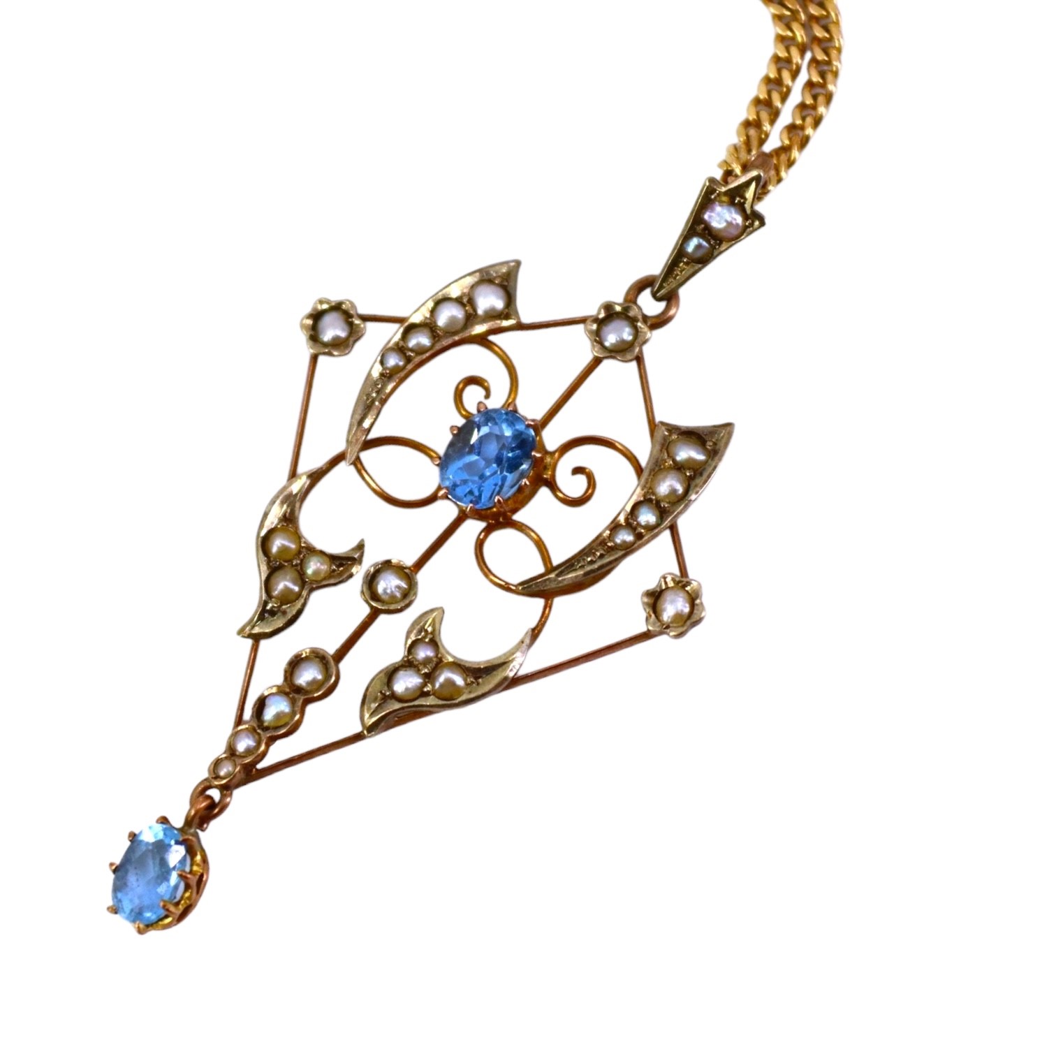 AN EDWARDIAN 9CT ART NOUVEAU, AQUAMARINE AND SEED PEARL PENDANT Attached with a 18ct yellow gold - Image 3 of 3