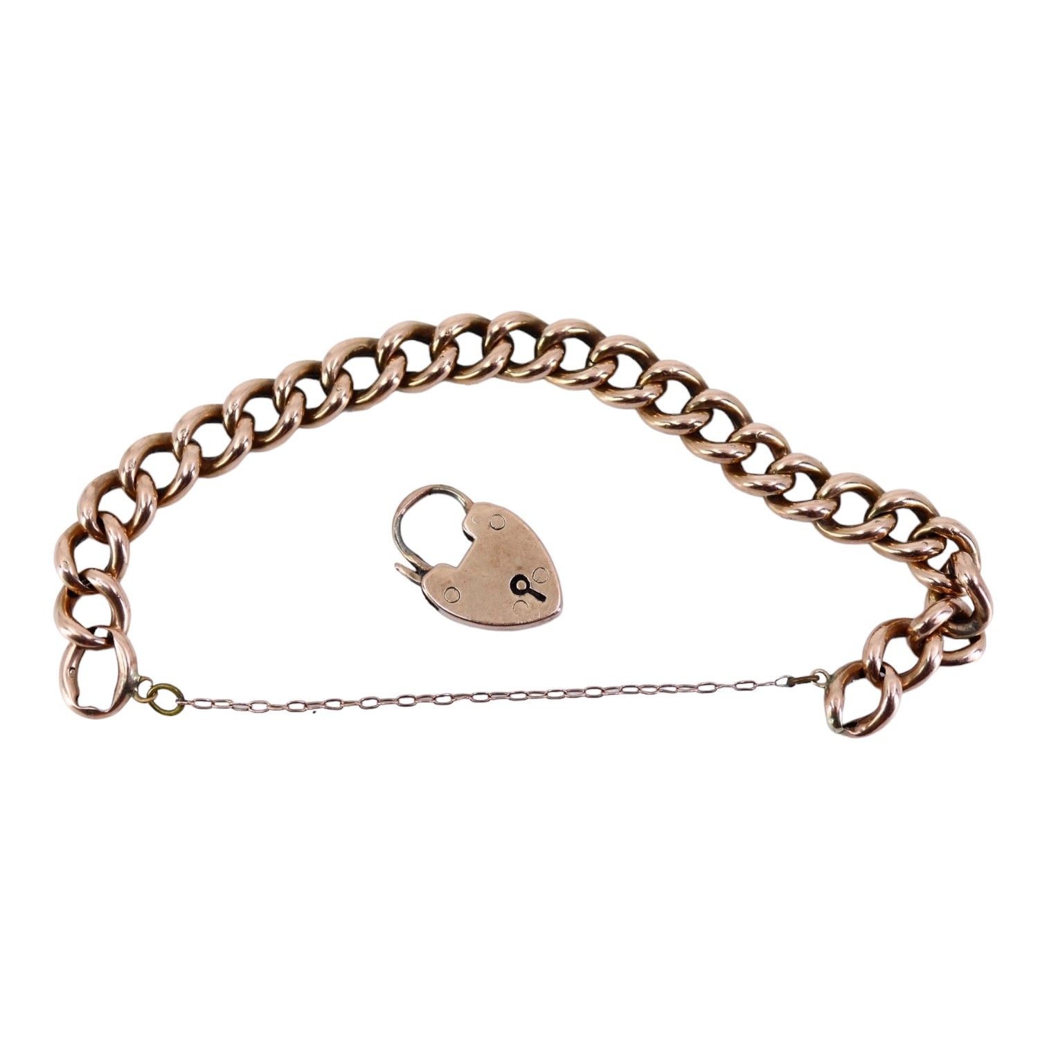 AN EDWARDIAN 9CT ROSE GOLD CURB LINK CHARM BRACELET Having heart shaped padlock clasp. (approx - Image 3 of 3