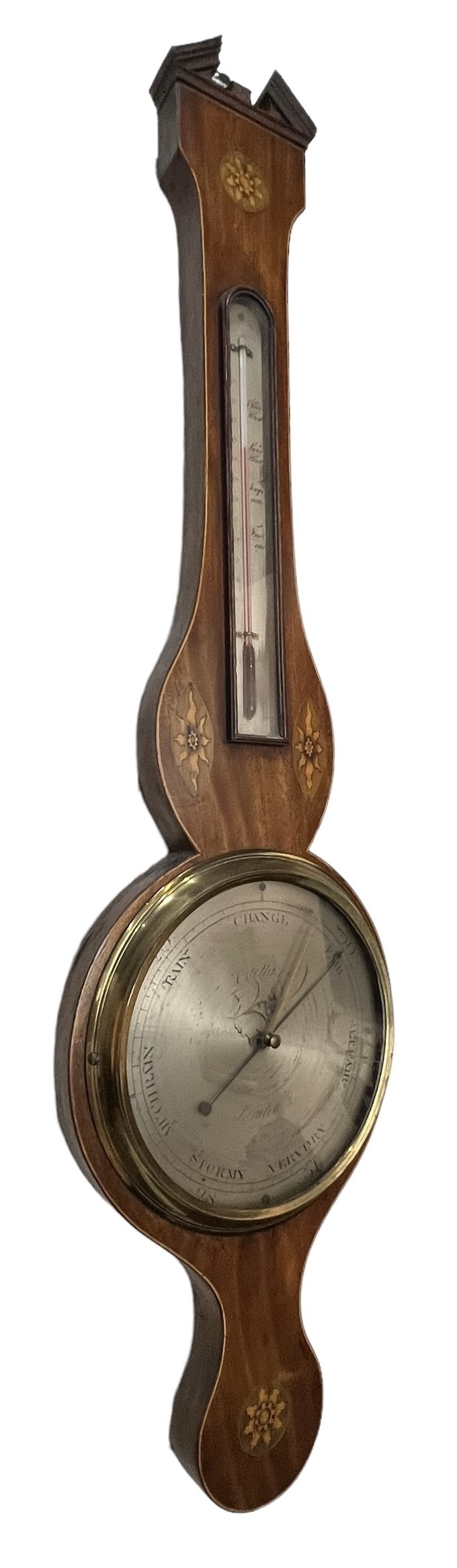 ORTELLI & CO., A GEORGE III INLAID MAHOGANY BANJO BAROMETER The dial signed Ortelli & Co., London, - Image 3 of 4