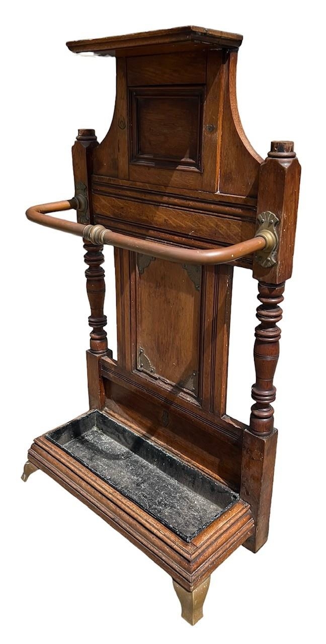 ATTRIBUTED TO JAMES SHOOLBRED & CO., A VICTORIAN BRASS MOUNTED OAK STICK STAND The top tier with - Image 3 of 4