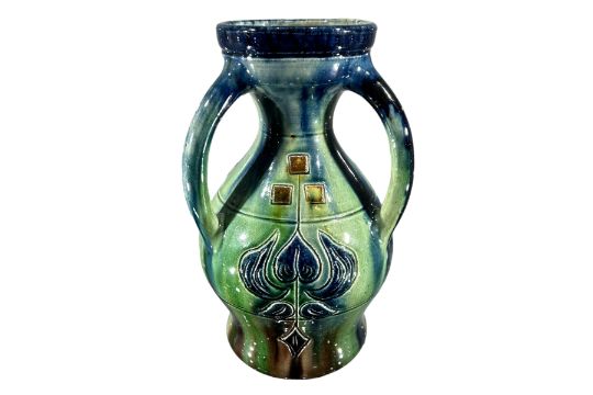 A 20TH CENTURY ART NOUVEAU TYG POTTERY VASE Glazed green blue and brown undertones, three - Image 2 of 4