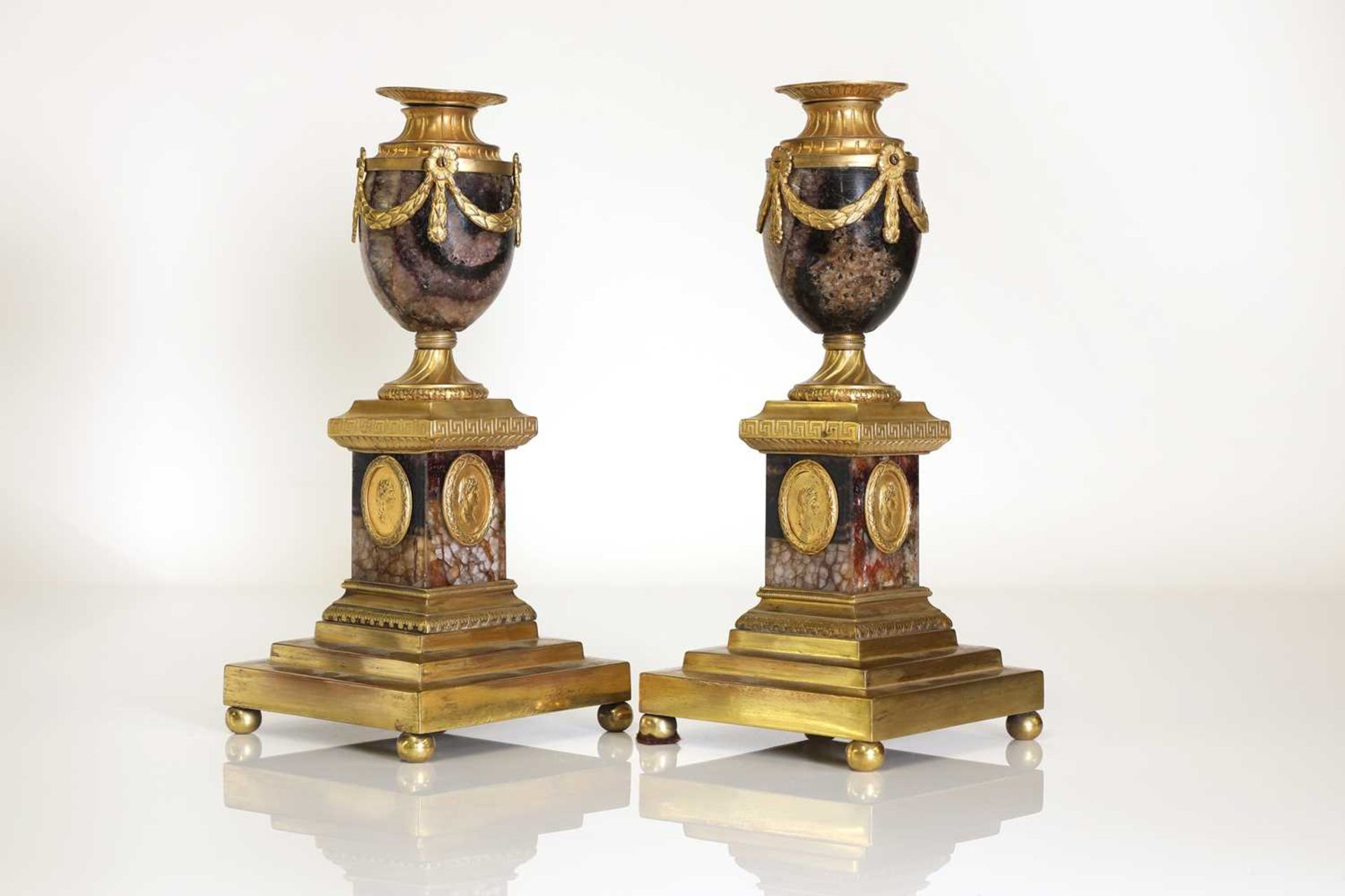 A pair of George III Derbyshire Blue John and ormolu 'Cleopatra' candle vases, - Image 7 of 101