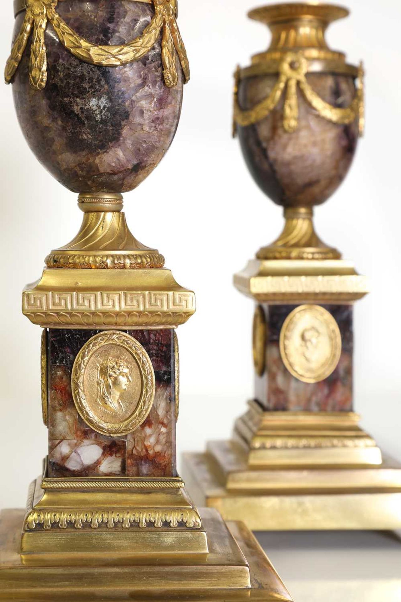 A pair of George III Derbyshire Blue John and ormolu 'Cleopatra' candle vases, - Image 13 of 101