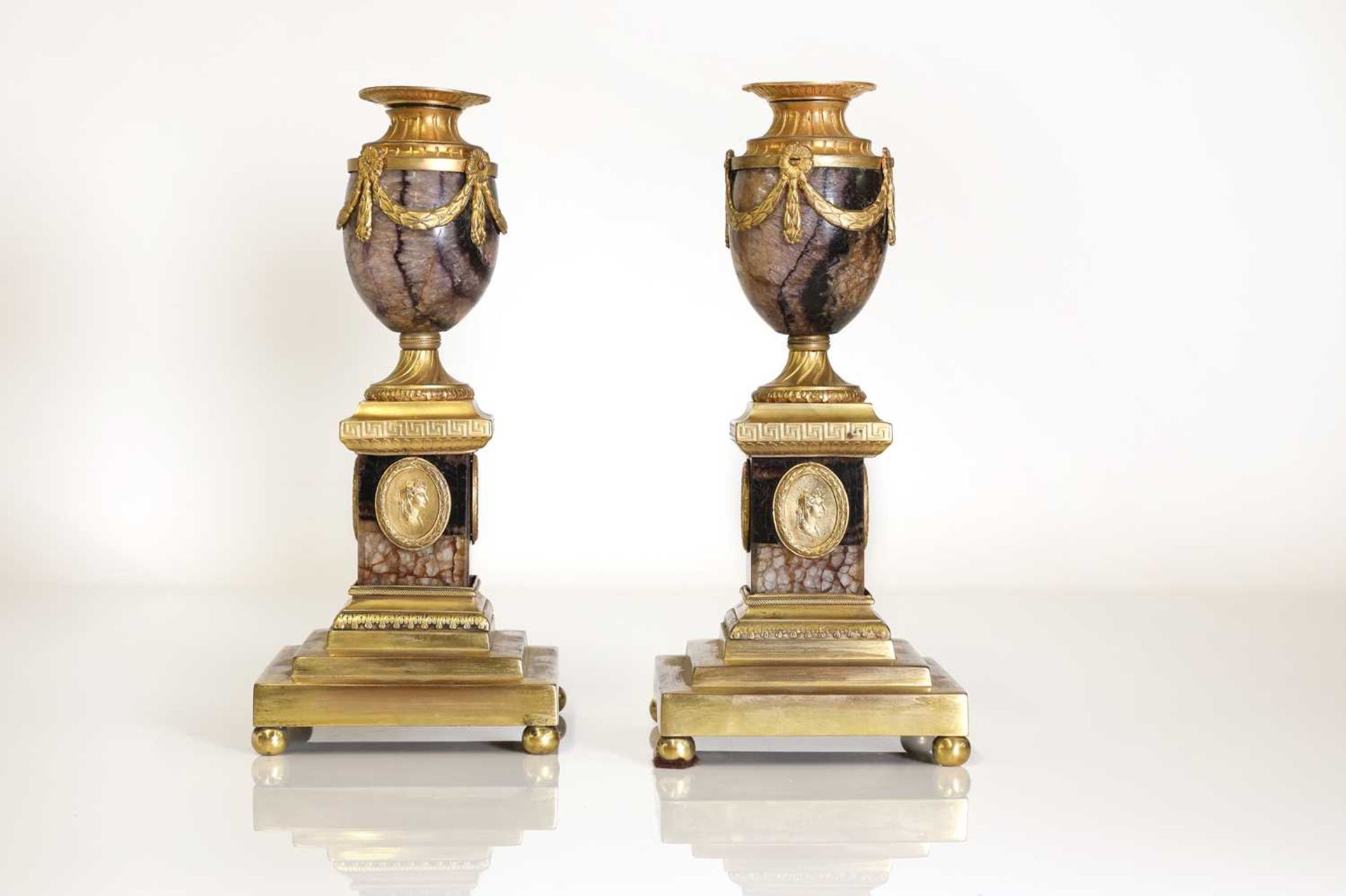 A pair of George III Derbyshire Blue John and ormolu 'Cleopatra' candle vases, - Image 3 of 101