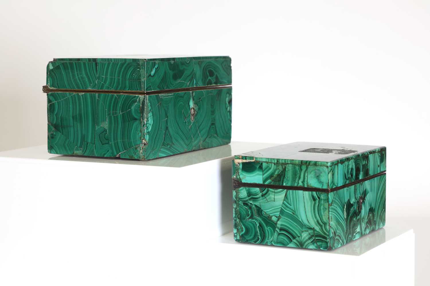 Two malachite veneered jewellery boxes or caskets, - Image 2 of 15