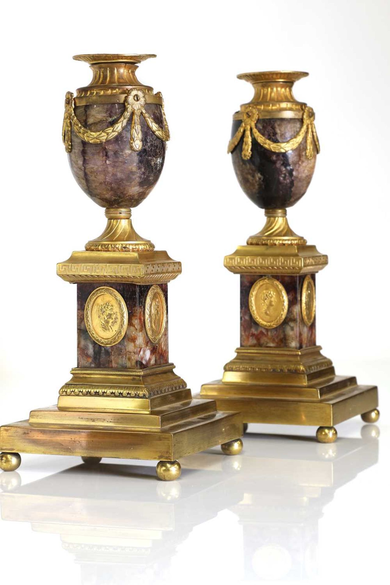 A pair of George III Derbyshire Blue John and ormolu 'Cleopatra' candle vases, - Image 5 of 101