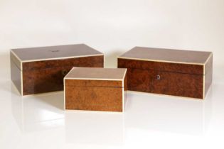 A group of three burr wood and ivory cigar boxes,