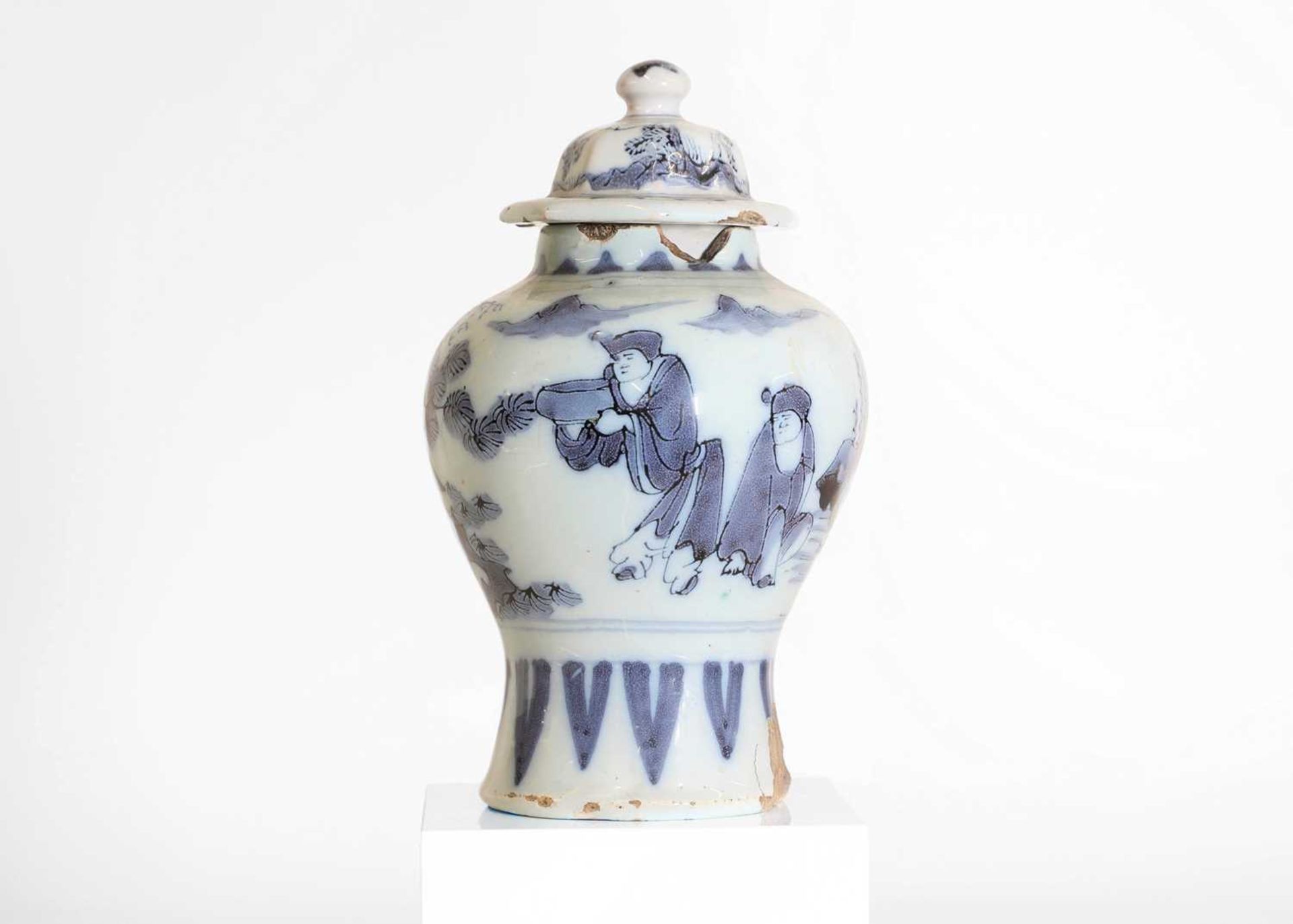 A delft tin-glazed baluster vase and cover,