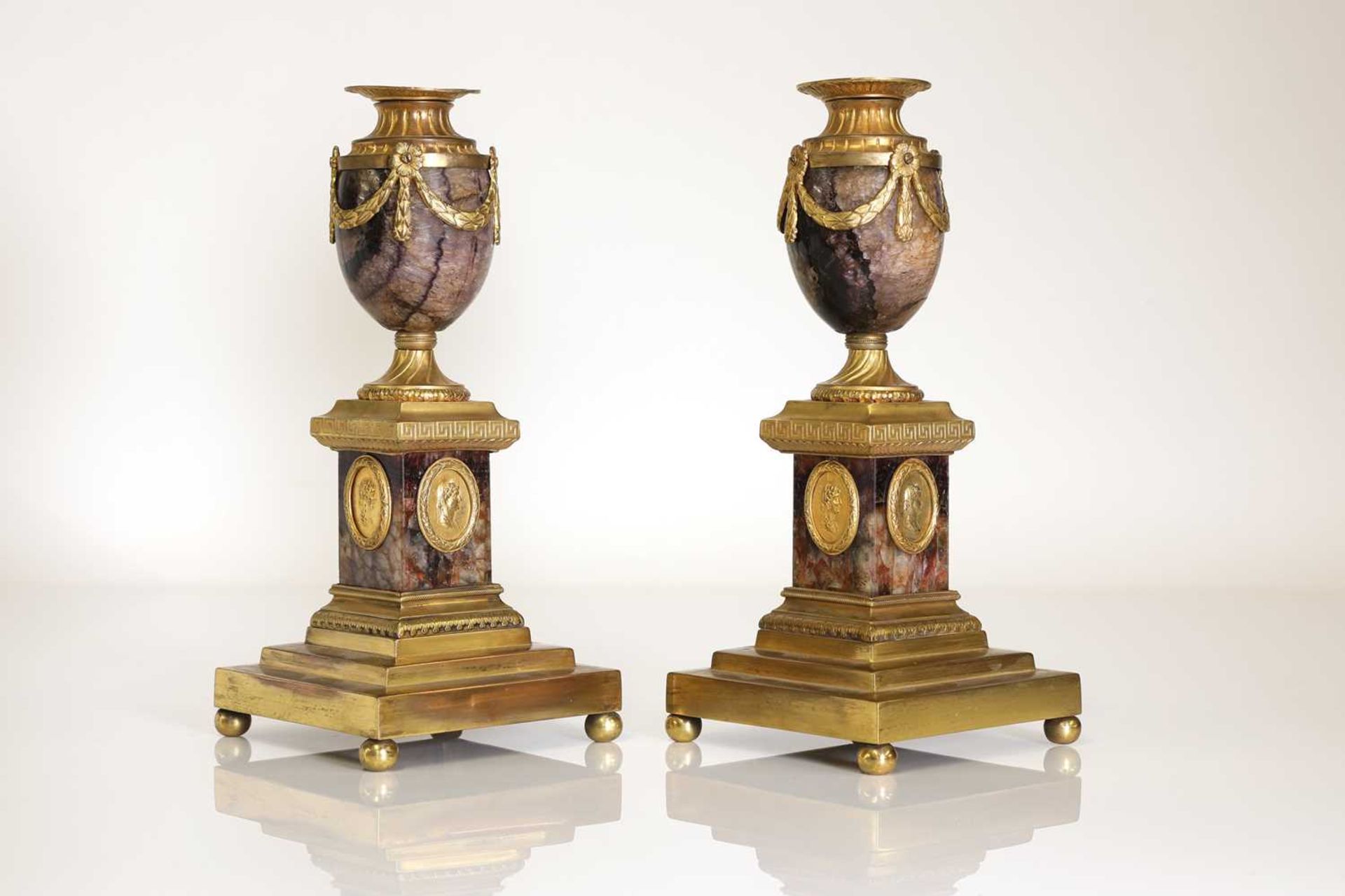 A pair of George III Derbyshire Blue John and ormolu 'Cleopatra' candle vases, - Image 8 of 101