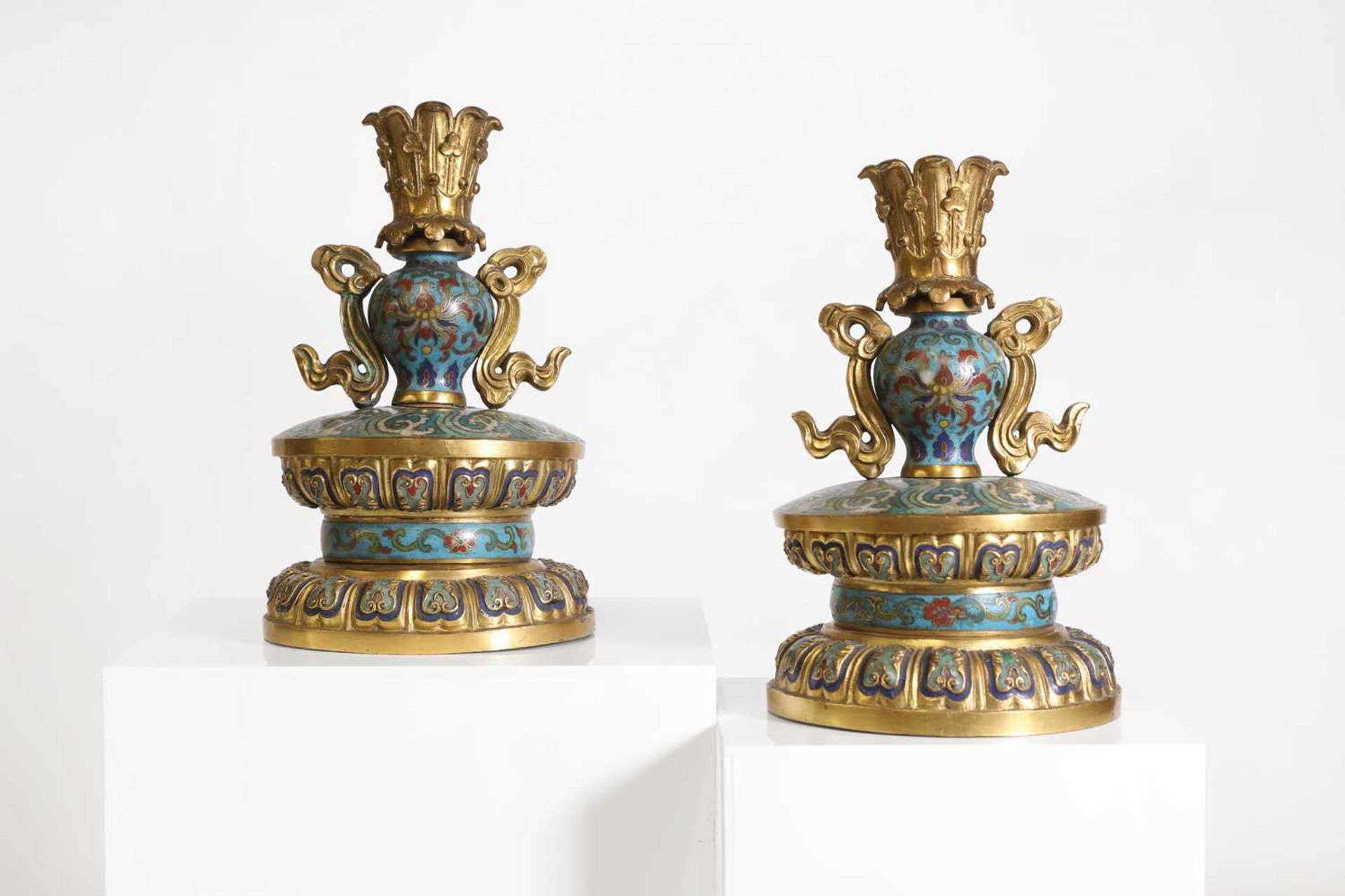 A pair of gilt-metal-mounted cloisonné candlesticks, - Image 3 of 29