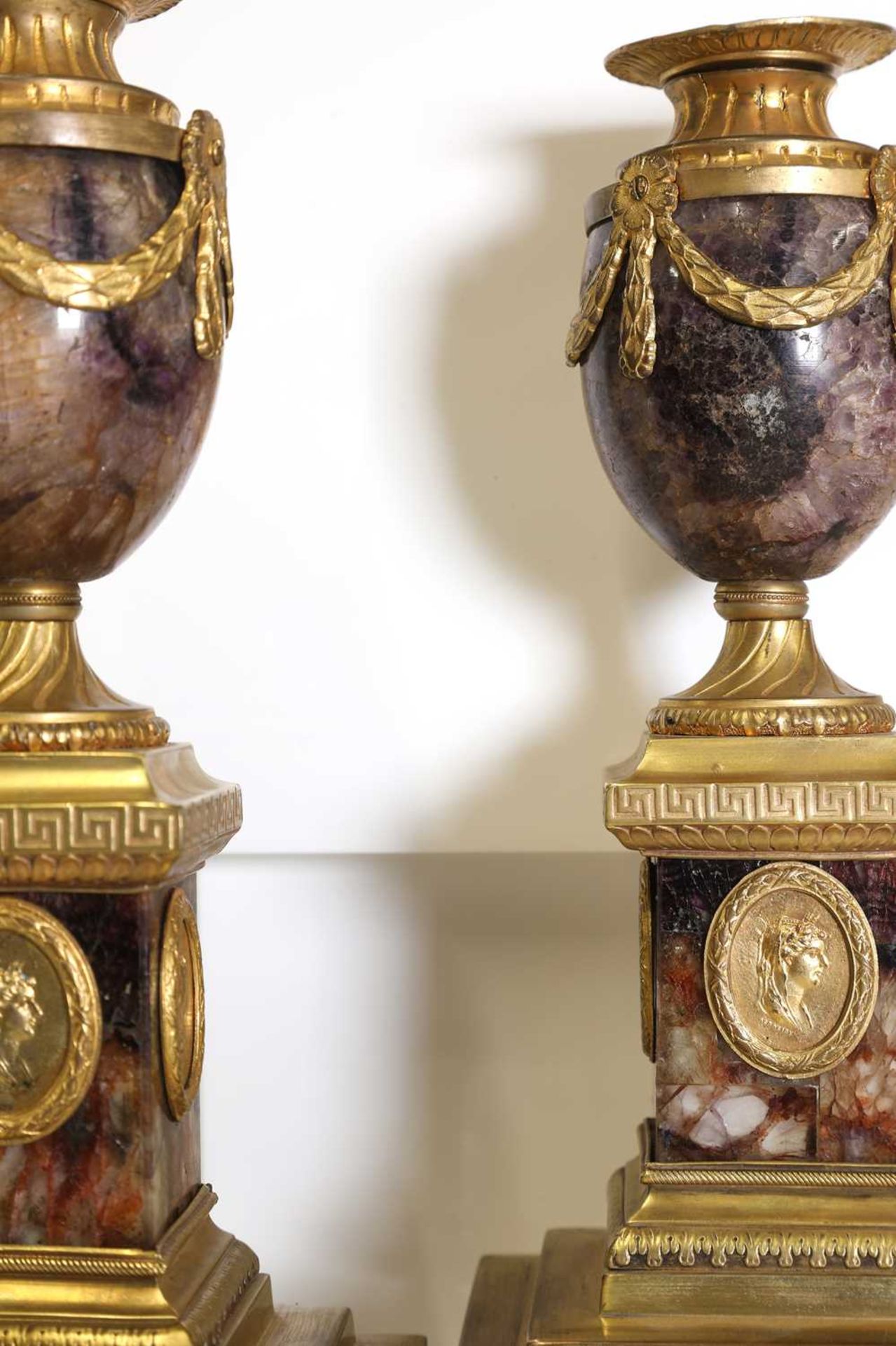 A pair of George III Derbyshire Blue John and ormolu 'Cleopatra' candle vases, - Image 21 of 101