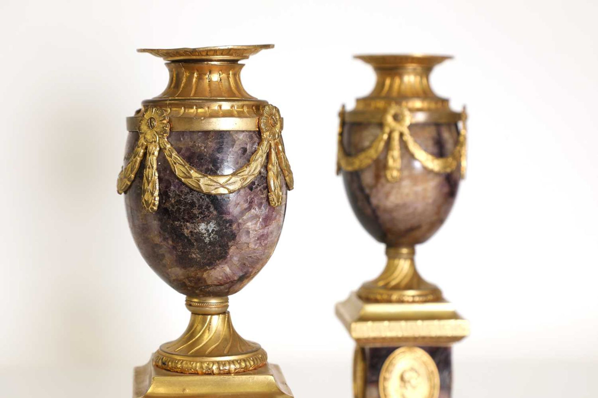 A pair of George III Derbyshire Blue John and ormolu 'Cleopatra' candle vases, - Image 6 of 101